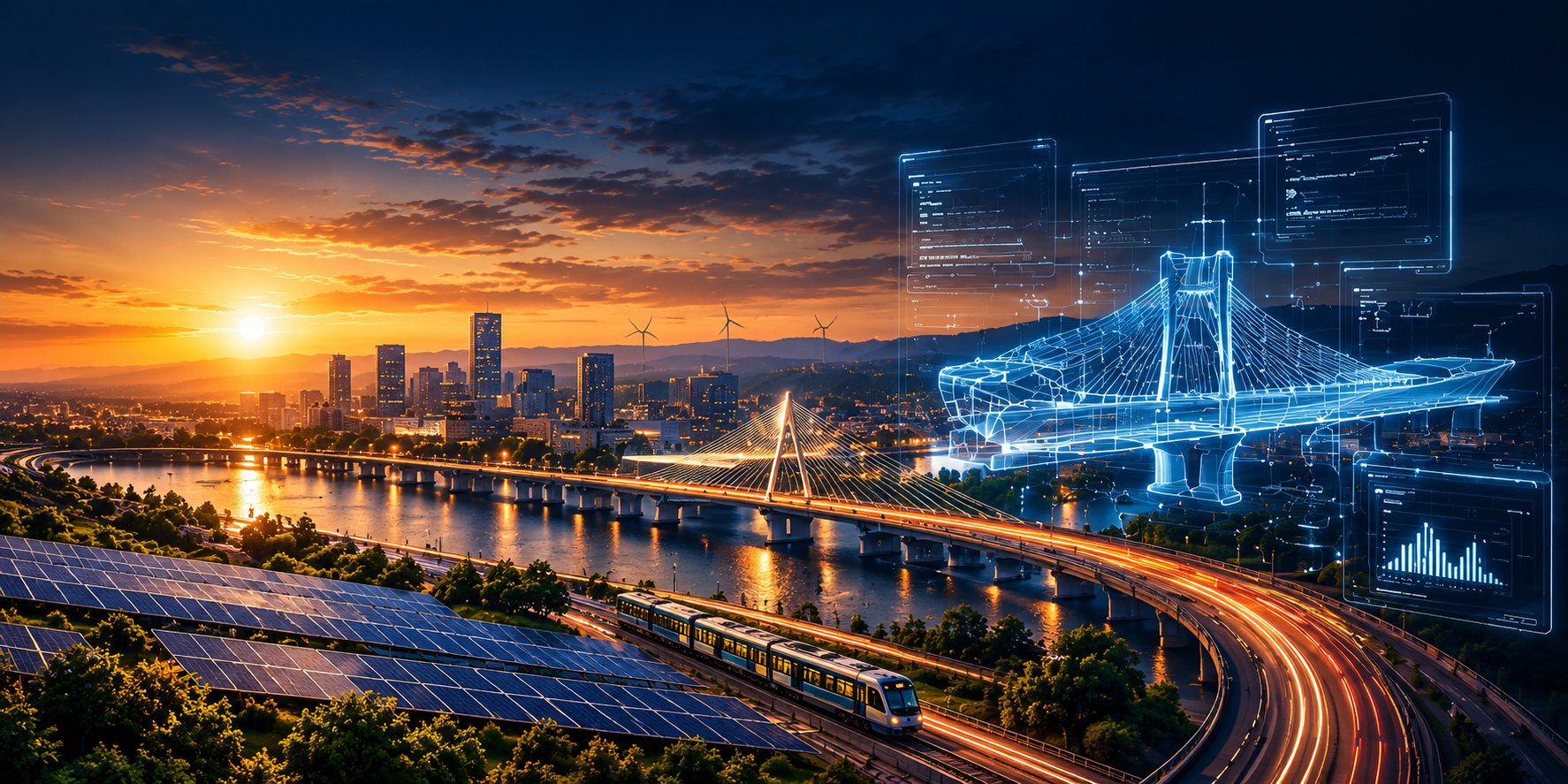 Futuristic bridge and cityscape at sunset
